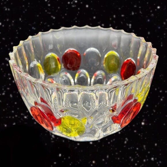 Flashed Art Glass Covered Dish Bowl W Lid Thumbprint Pattern Red Yellow 7”T 5.5” - Picture 3 of 10